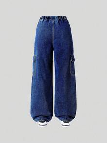 SHEIN Girls' Casual All-Match Loose Straight Leg Washed Denim Cargo Pants, Versatile & Comfortable Essential Item For 2025 Fall Winter Street Vintage Retro Washed 2000s Slant Pocket Raw Trim Denim Baggy - Dark Wash - View 2