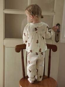 Vintaside Kids 女婴熊印花彼得潘领T恤和裤子 - 杏色 - 查看 2