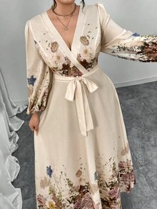 Modelyn Đầm dài họa tiết hoa thanh lịch cỡ lớn, thích hợp để đi làm - Màu be - Xem 5