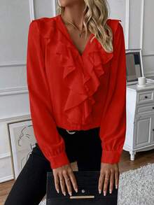 EMERY ROSE Áo sơ mi nữ tay lỡ viền bèo nhún - Đỏ - Xem 6