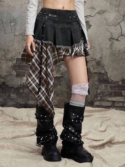 Goth Minifalda de mezclilla asimétrica con parches y cuadros estilo gótico para mujer