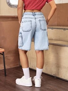 SHEIN ICON 女士纯色口袋休闲百搭阔腿牛仔短裤 - 藍白色 - 查看 2