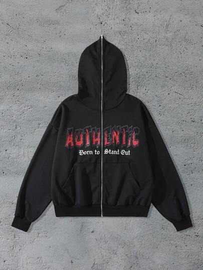 Street Life بلوفر رجالي بسحاب أمامي وجيب، طباعة شعار، أكمام طويلة، موسم الخريف