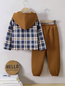 2件套男童格子口袋连帽夹克和松紧腰慢跑裤套装