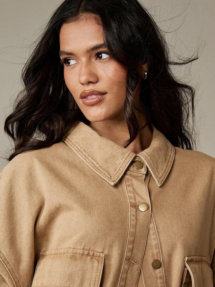 MISSGUIDED Oversized Utility Denim Jacket Khaki Beige Cotton Canvas Workwear Style Multiple Pockets Button Front Collar Autumn Winter Outerwear Streetwear Fashion