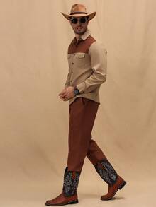 Manfinity Nomadique Conjunto de camisa y pantalones casuales para hombres con bloques de color y parches - Caqui - Ver 5