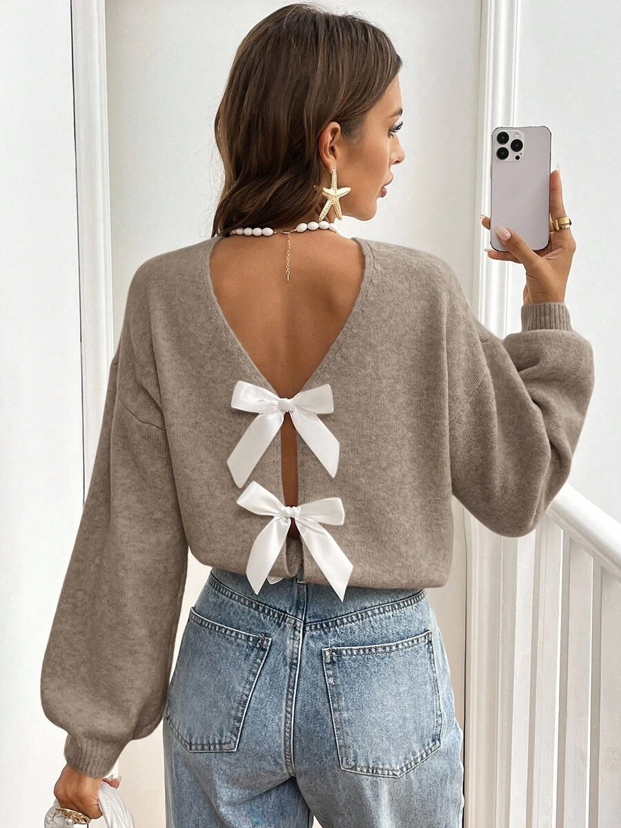 Serisse Casual Bow Decor Lantern Sleeve Sweater, Autumn/Winter,Cozy Fall And Winter Clothes For Women,Fall,Fall Clothes For Women Brown Spring - Khaki - View 1