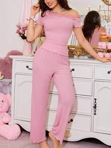 甜美蝴蝶结蕾丝拼布女士睡衣套装粉色睡眠套装粉色睡衣套装女士粉色睡衣套装粉色休闲套装两件套睡眠套装 - 粉色 - 查看 4