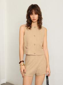 ATUI Studio 女士休闲纯色纹理短裤，夏季 - 米色 - 查看 4