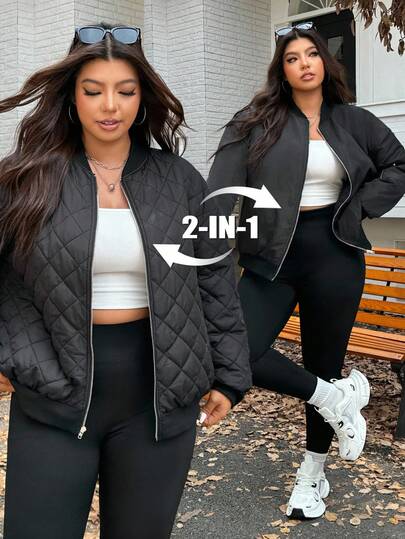 SHEIN EZwear Plus Size Women Casual Solid Color Jacket For Autumn/Winter,Fall,Back To School,Warm,Zip Up