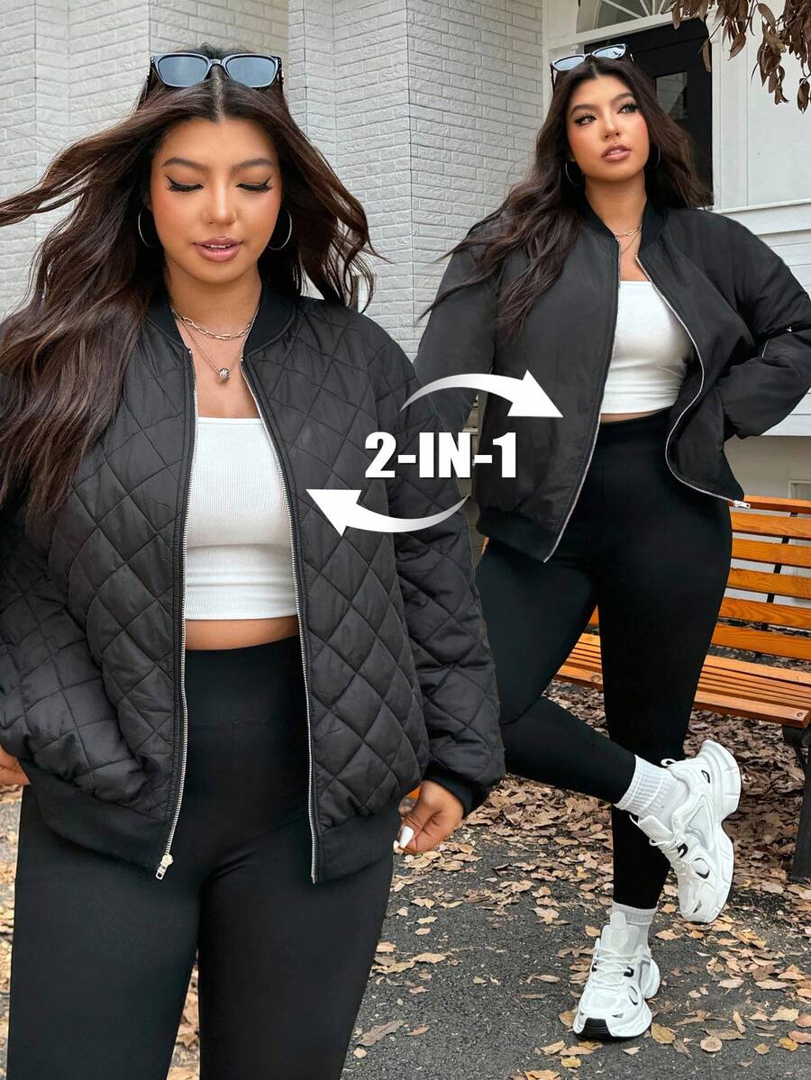 SHEIN EZwear Plus Size Women Casual Solid Color Jacket For Autumn/Winter,Fall,Back To School,Warm,Zip Up