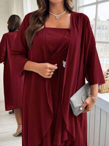 Ellevyn Plus Size Women Spring/Autumn Elegant Solid Color Rhinestone Decor Draped Front Waist Cinched Dress And Lightweight Jacket Set - Burgundy - View 4