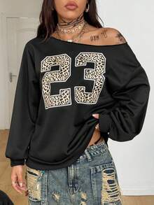 Coolane 女式秋冬休闲针织地名图案单肩运动衫 - 黑色 - 查看 5