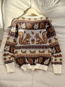 Franclia Women's Fall Casual Everyday Cartoon Squirrel & Leaf Patchwork Pattern Dropped Shoulder Loose Pullover Sweater, Autumn/Winter