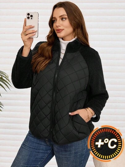 EMERY ROSE Plus Size Women's Solid Color Raglan Sleeve Zip-Up Casual Winter Jacket Winter Clothes For Women  Fall Clothes For Women