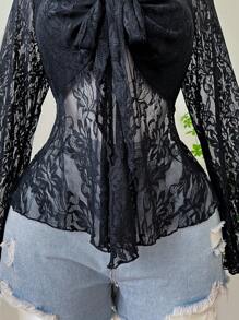 Comfortcana Plus Size Elegant Sexy Sheer Lace Bell Sleeve T-Shirt,Autumn/Winter,Fall Clothes For Women,Country - Black - View 5