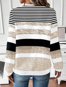 EMERY ROSE Women's Fashion Sweatshirt, Round Neck, Long Sleeve, Half-Zip, Contrast Ribbed Collar, Cuffs And Hem, Asymmetrical Striped Print, Grey Fall Cloth For Women