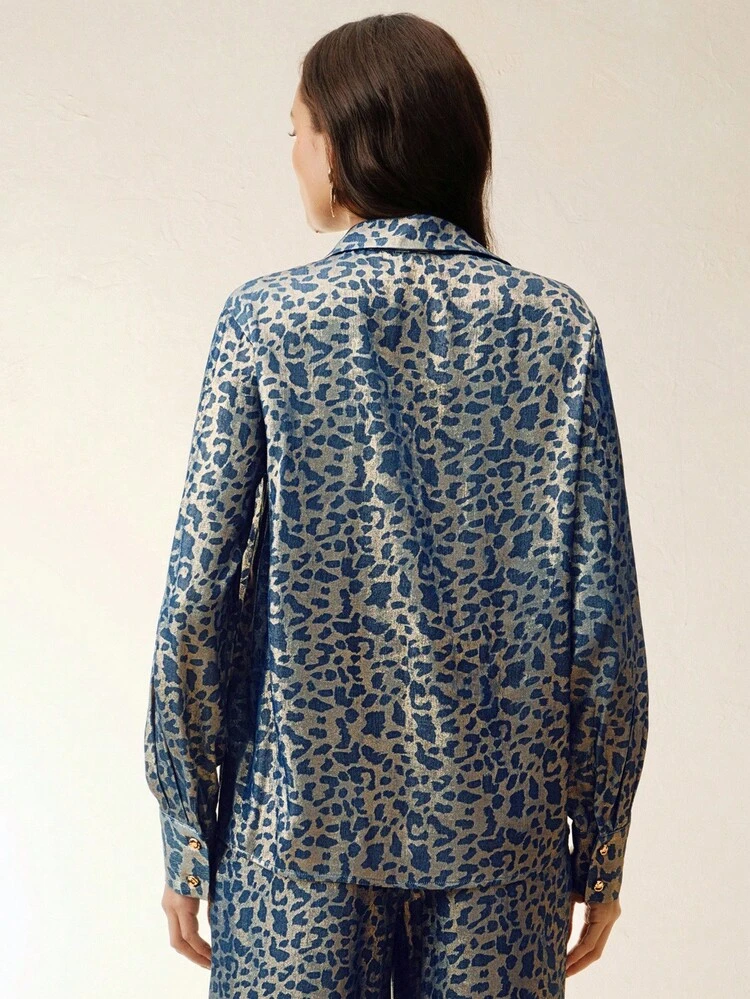 レディース 秋冬 新作 スタイリッシュ ヴィンテージ エレガント ファッション カジュアル 快適 ブルーレオパード柄 ラペル 長袖 ルーズ ベーシックブラウス、デート、パーティー、ハロウィン、クリスマス、通勤に適しています