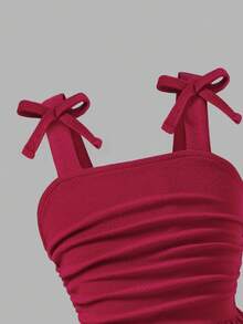 Elladie kids 年轻女孩可爱无袖褶饰蝴蝶结中长连衣裙，红色，优雅休闲，适合夏季、派对、婚礼 - 酒紅色 - 查看 5