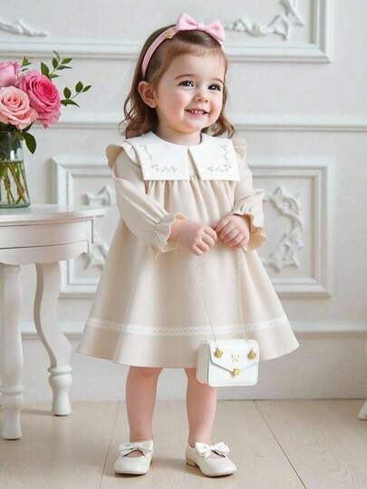 Souflis Souflis Vestido de manga larga con cuello de contraste, bordado floral y encaje para niñas bebé, estilo vintage francés, suelto y cómodo, adecuado para uso diario, salidas, escuela, fotografía, fiestas de cumpleaños, etc. Verano/Otoño/Invierno