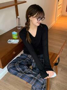 DAZY 少女秋季宽松舒适V领T恤和格子直筒裤休闲家居服，秋季 - 黑色 - 查看 3