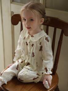 Vintaside Kids 女婴熊印花彼得潘领T恤和裤子 - 杏色 - 查看 7