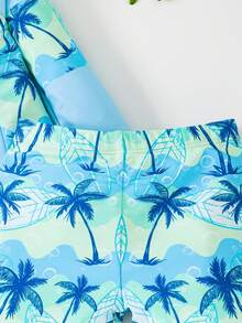 SHEIN 3 件套男童/女童休闲夏季度假椰子树印花长袖短裤搭配遮阳帽泳装，适合春夏季穿着、居家、郊游、旅行、海滩、泳池、派对 - 彩色 - 查看 7