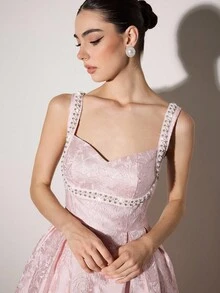 Poshira Váy trang trí chuỗi ngọc trai giả thanh lịch bằng vải Jacquard dành cho nữ - Hồng - Xem 3