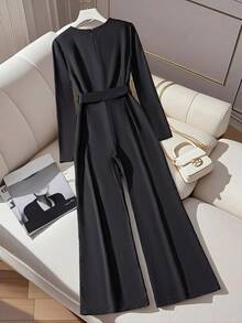 Franclia Pearl Decor Long Sleeve Square Neck Jumpsuit - Black - View 2