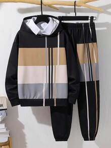 SHEIN 2 件儿童/青少年男童休闲日常舒适拼布撞色印花连帽运动衫和宽松慢跑裤套装 - 彩色 - 查看 8