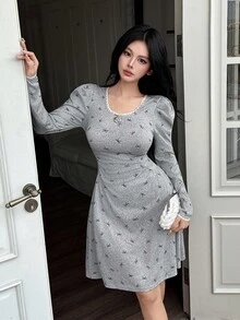 Feyla Bow Print Lace Collar Waist Fitted Knit Long Sleeve Dress For Women - Light Grey - View 3