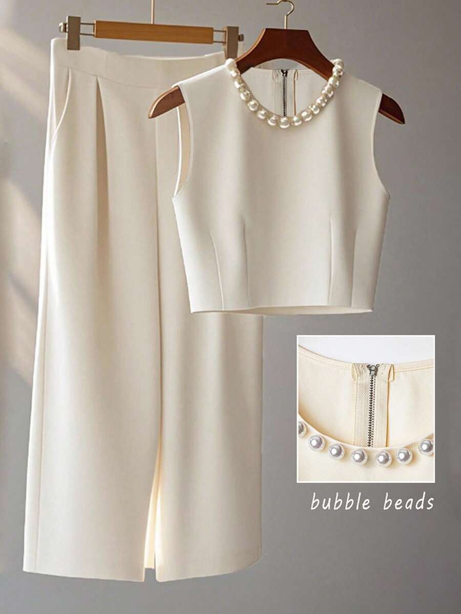 Franclia Petite 法式高级时尚立体钉珠无袖上衣叠穿阔腿裤长裤夏季两件套女士夏装夏季两件套夏季 - 杏色 - 查看 1