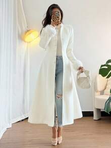 Rafferiza 女式纯色长袖仿皮草袖口纽扣长款优雅大衣，秋冬 - 米色 - 查看 6