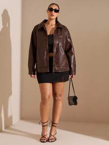 SHEIN BAE 大码女式秋季长袖拉链领PU皮革口袋宽松休闲夹克 - 棕色 - 查看 6