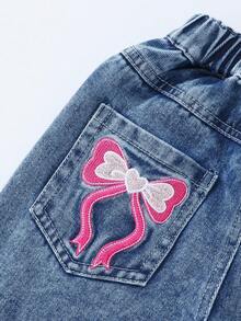 1pc Girls' Casual Flare Jeans, Simple Blue Washed Denim With Pink Bow Embroidery, Suitable For Everyday Wear Fall Winter - Medium Wash - View 6