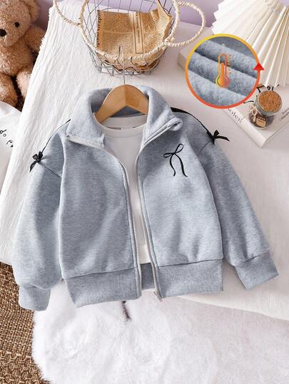 Genkimix Kids 女童韩版刺绣蝴蝶结拼布丝带黑色蝴蝶结领拉链夹克