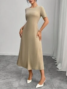 Modelyn Women's Casual Solid Color Ribbed Tie-Up Knit Dress - Khaki - View 3