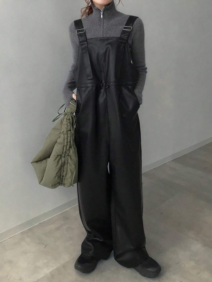 FRIFUL Women's Solid Black PU Strap Straight Waist Drawstring Loose Casual Jumpsuit, Versatile For Airport Travel, Autumn - Black - View 1