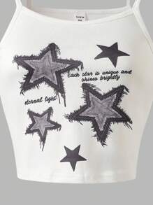 3 件套青少年女孩休闲舒适长袖短款连帽运动衫、牛仔星星印花吊带背心和牛仔印花裤套装，演唱会服装