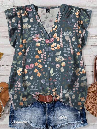 EMERY ROSE Women's Casual Elegant Flutter Sleeve Loose Blouse, Minimalist Design Suitable For Summer, Front Button Closure, Ditsy Floral, Vintage Flower Pattern Chic Blouses For Women
