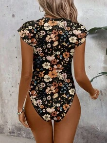 SHEIN LUNE Damen Lässig Blümchen Bodysuit, geeignet für Frühling/Sommer, Retro Blümchen, Landhaus, Vintage - Verschiedenfarbig - Übersicht 2