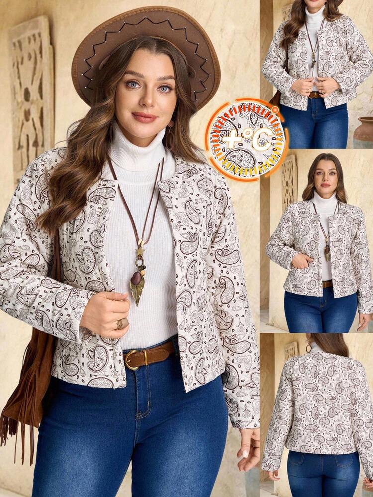Plus Size Paisley Print Pocket Casual Versatile Padded Coat In Fall Winter Winter For Women Fall For Women Country Style For Women Country Concert
