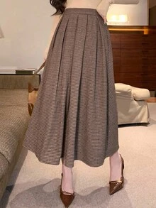 DAZY 女士休闲千鸟格印花A字裙，秋冬女装半身裙 - 卡其色 - 查看 7