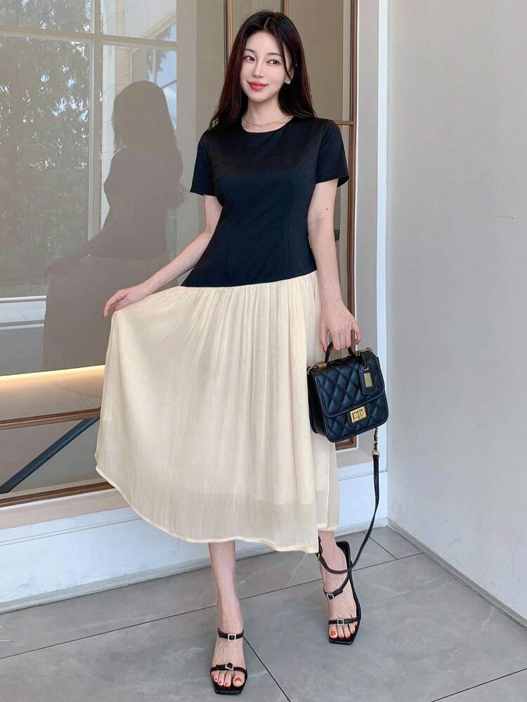 Color Block Round Neck Mid-Length Dress For Women Summer Women Dresses Sundress