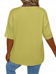EMERY ROSE Plus Size Women V-Neck Dropped Shoulder Casual Loose Solid Color T-Shirt - Mustard Yellow - View 2