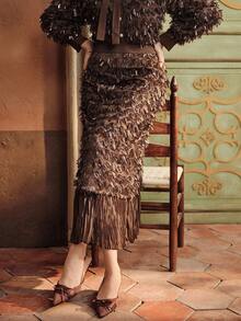 Anewsta Váy suông suông họa tiết tua rua tai lúa mì viền kim sa eo xếp ly thẳng - Cà phê nâu - Xem 8