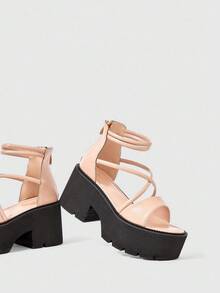 ROMWE Goth 女式黑色朋克哥特式厚底凉鞋，复古罗马交叉带露趾粗跟高跟鞋 - 粉色 - 查看 7