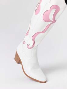 ROMWE Kawaii Women's Cutout Bow Embroidered White Western Boots, Spring/Autumn New Leather Over-The-Knee Boots For Christmas Y2K 2000s Style - White - View 3