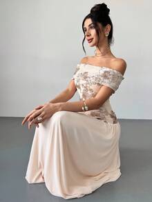 Firerie Women's Elegant Textured Fabric Off Shoulder Dress In Apricot, Romantic & Suitable For Wedding Guest, Party, Formal Events, Summer - Apricot - View 5