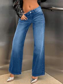 EURMUSE 100% Coton TAILLE BASSE COUPE DROITE JEAN FEMME STYLE Y2K GRIS FONCÉ - Jean bleu - Voir 6